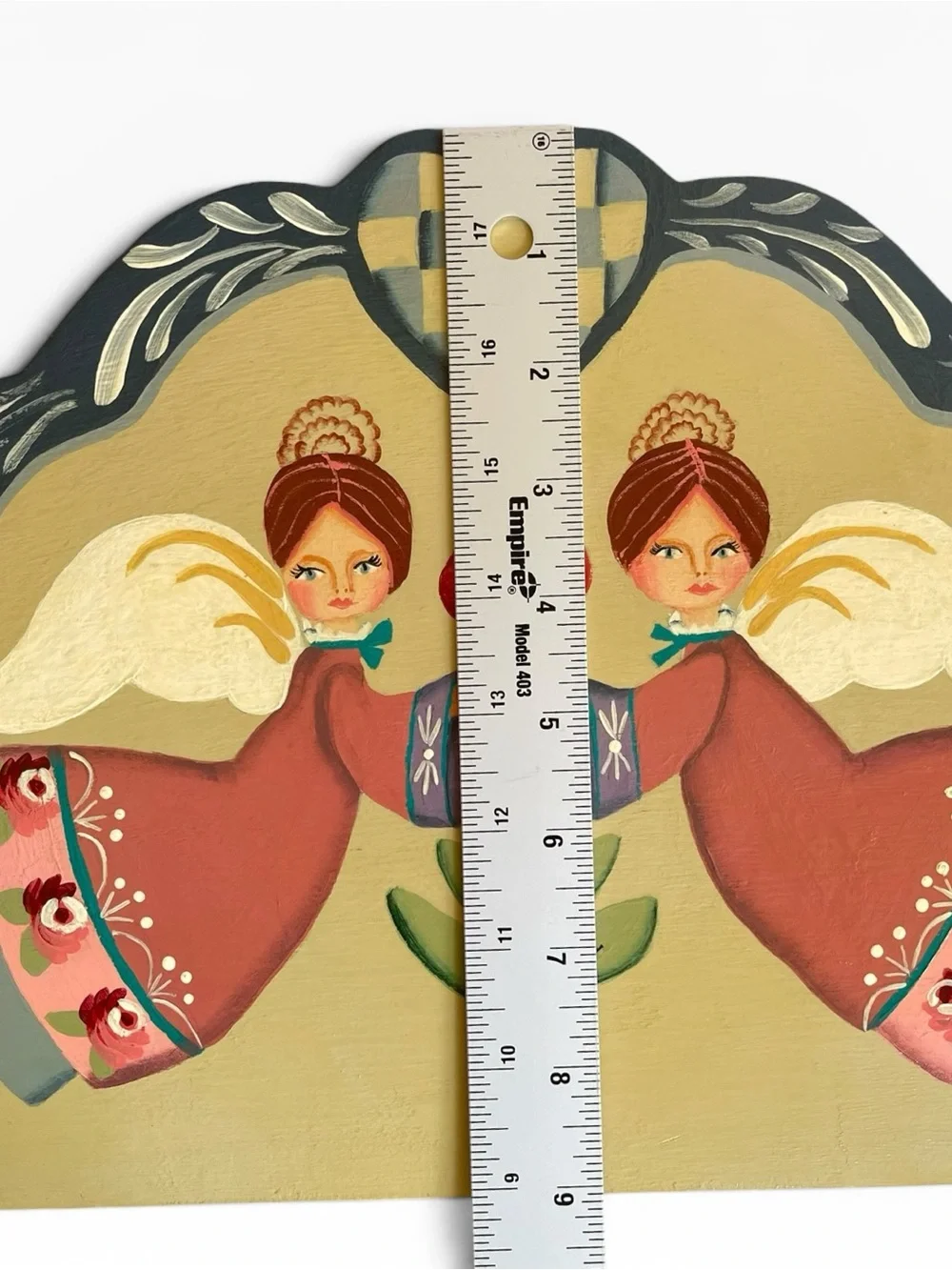 Vintage Folk Art Hand Painted Wooden Door Topper Angels Hearts Cottagecore